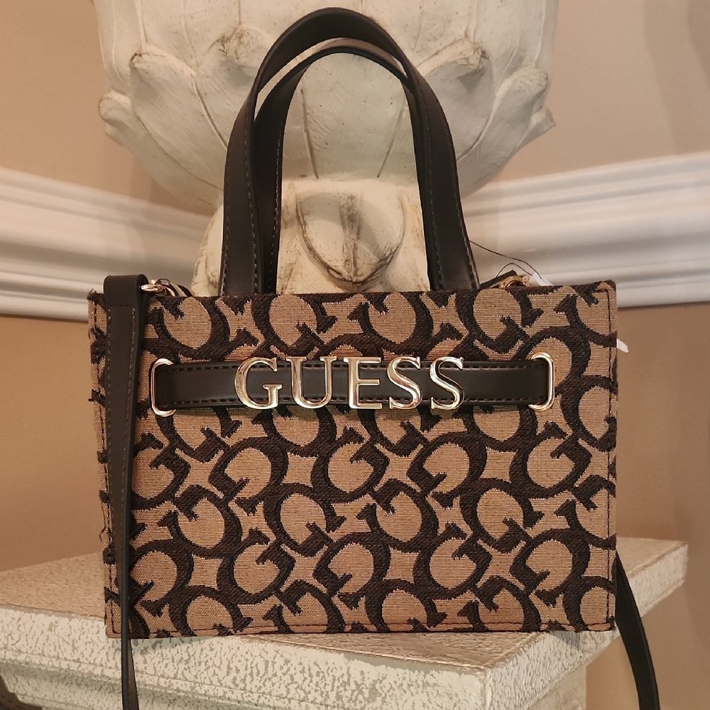 GUESS Brown and Dark Brown Logo Jacquard Satchel
